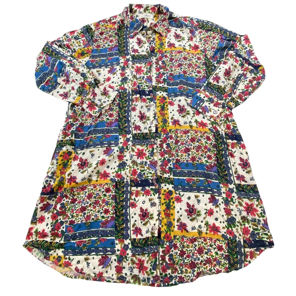 Natural Life Floral Patchwork Shirt‎ Dress Small Boho Rayon Long Sleeve Pockets